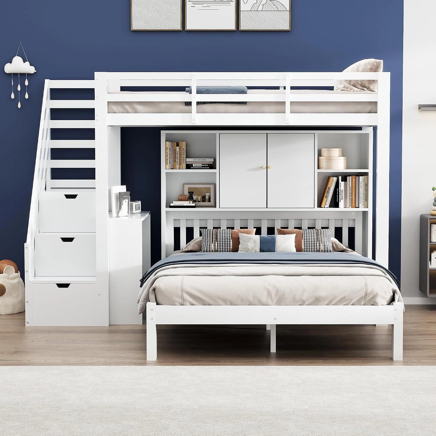 Lit Mezzanine Enfant avec ¨¦tag¨¨re et Escalier - 90x200 Bois Blanc