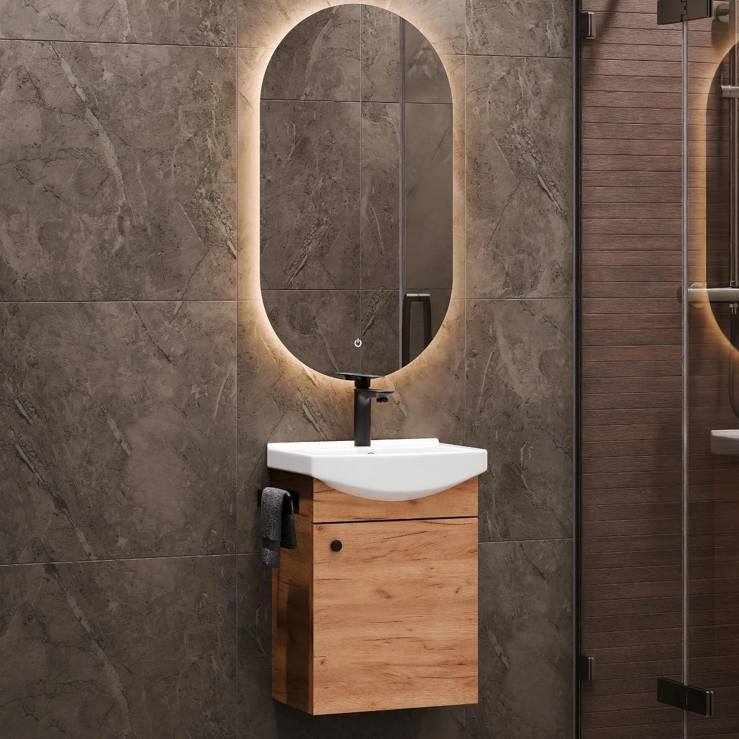 Ensemble de Salle de Bains en Ch¨ºne Dor¨¦ avec Lavabo, Meuble Bas et Miroir ¨¦clair¨¦