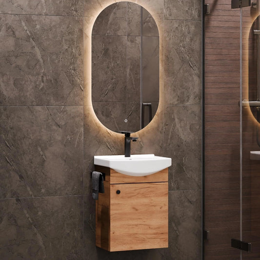 Ensemble de Salle de Bains en Ch¨ºne Dor¨¦ avec Lavabo, Meuble Bas et Miroir ¨¦clair¨¦