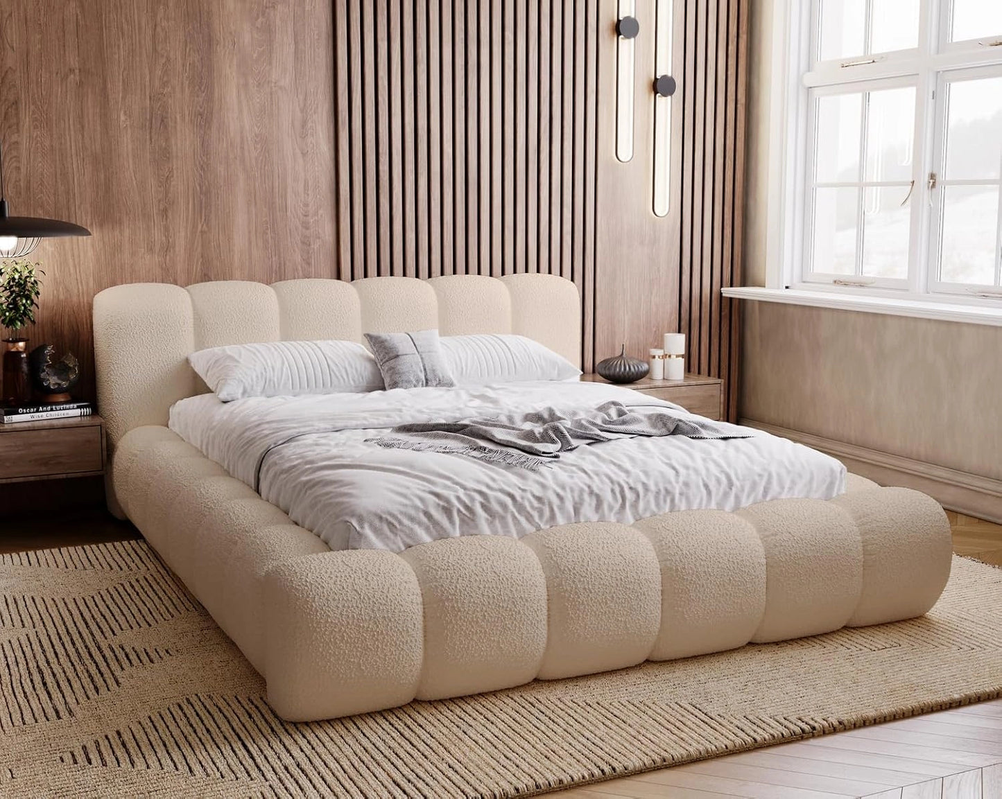 Lit Double Rembourr¨¦ 160x200 avec Coffre de Rangement, Sommier ¨¤ Lattes - Tissu Boucl¨¦ Beige