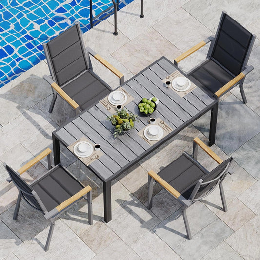 Ensemble de Jardin JUMMICO avec Table en Aluminium et 4 Fauteuils Empilables, Gris ¨C R¨¦sistant et Facile ¨¤ Nettoyer pour Terrasse et Balcon