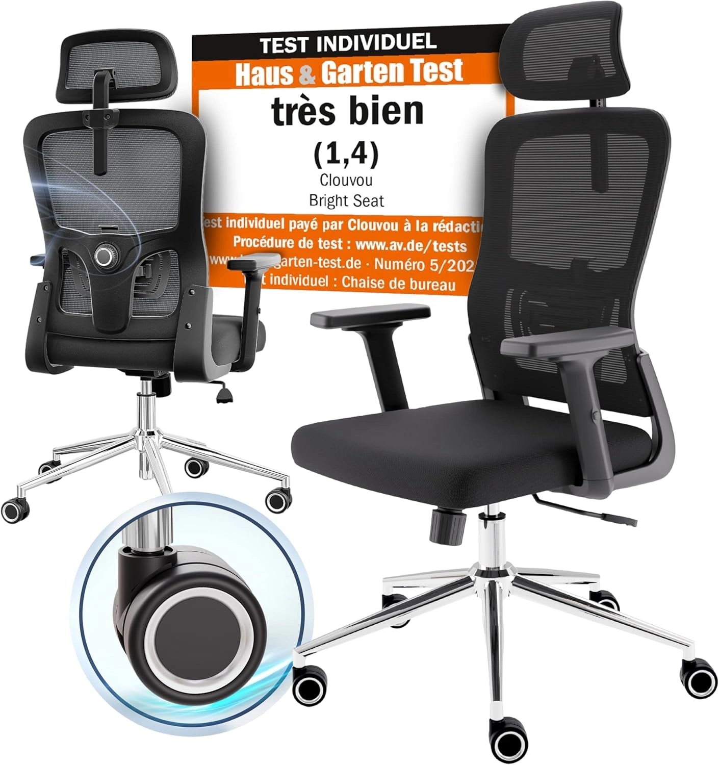 Fauteuil de Bureau Ergonomique CLOUVOU BrightSeat - Chaise Gaming, Capacit¨¦ 150kg, Noir
