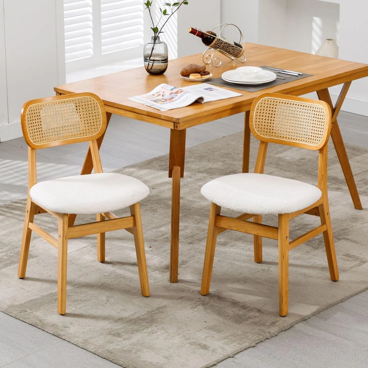 Ensemble de 2 Chaises de Salle ¨¤ Manger en Rotin avec Coussin Douillet, Beige