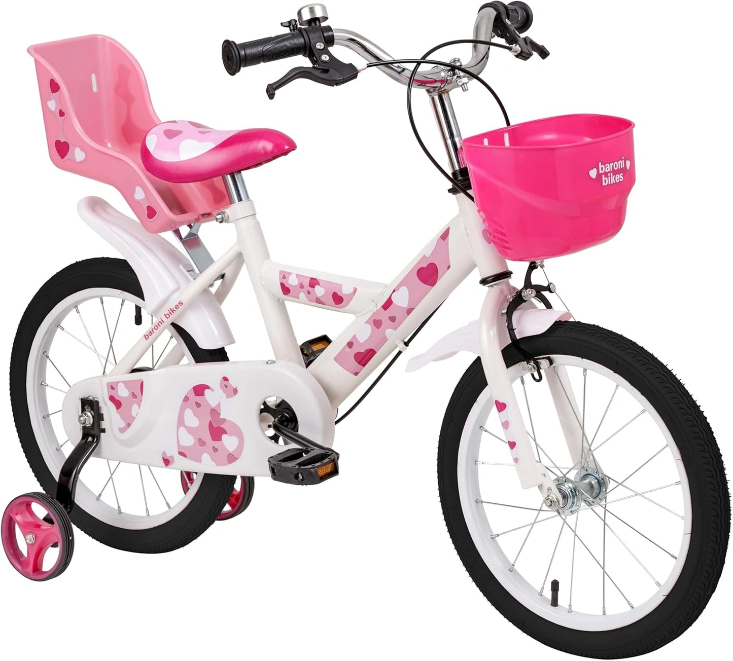 V¨¦lo Enfant Fille Rose avec C?urs, Panier et Porte-Bagages, Acier, Tailles 12", 14", 16"