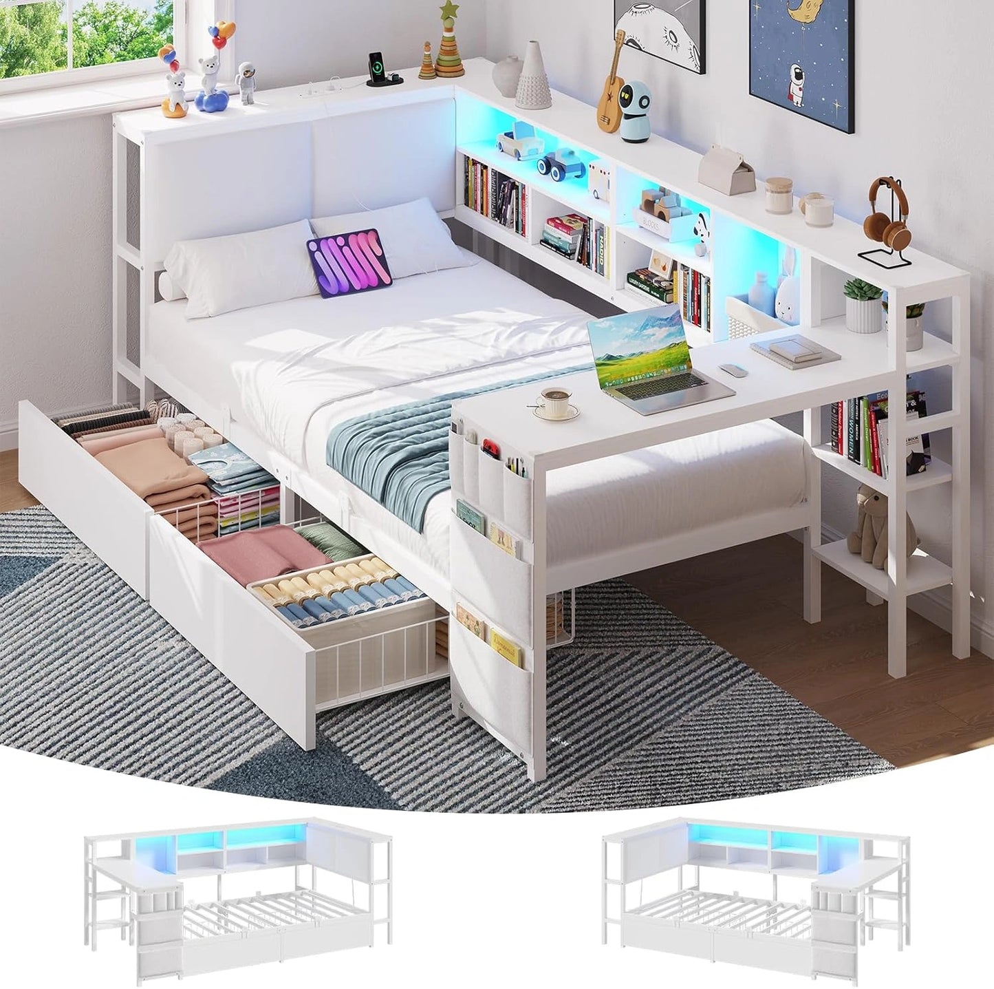 Canap¨¦-Lit Enfant Blanc 90x200 cm avec LED, Multiprise et Rangement