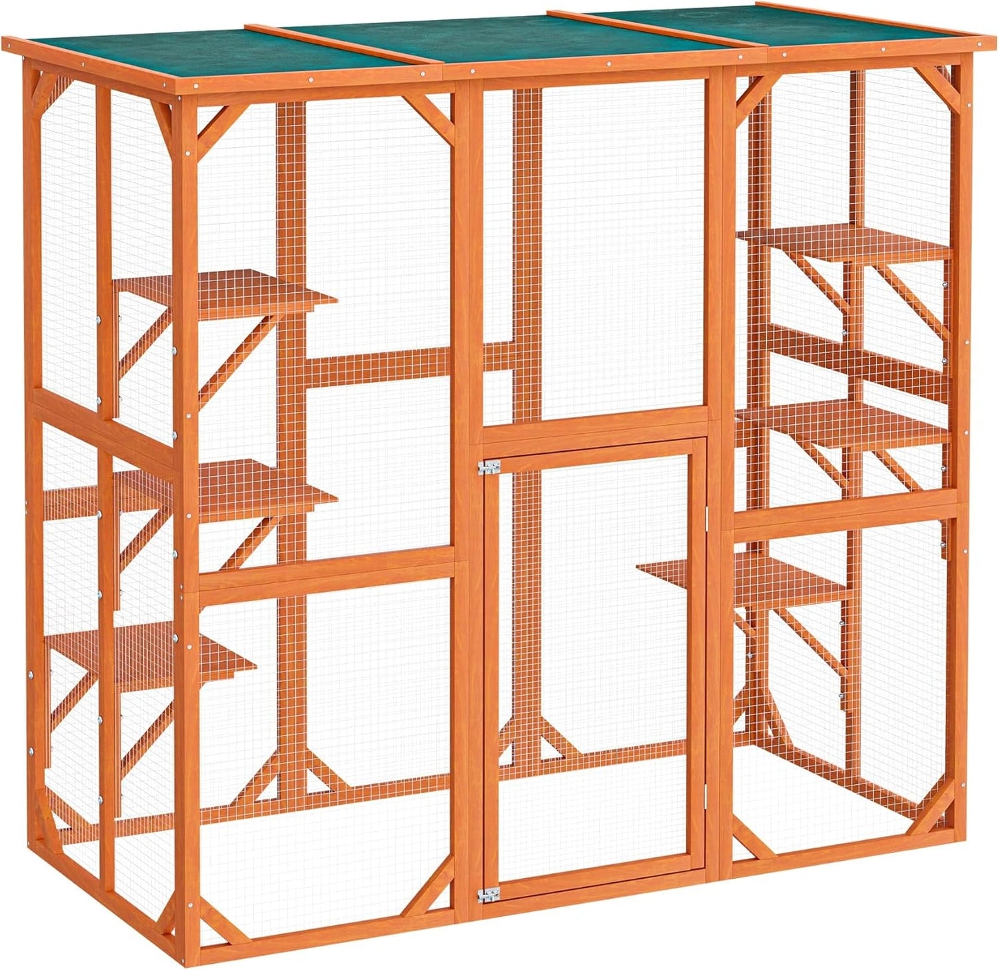 Parc Ext¨¦rieur pour Chats en Bois de Sapin - 168 x 82 x 166,5 cm - R¨¦sistant aux Intemp¨¦ries avec 6 Espaces de D¨¦tente