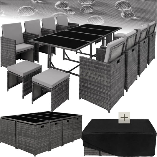 Ensemble de Salle ¨¤ Manger d'Ext¨¦rieur en R¨¦sine Tress¨¦e avec Chaises et Tabourets - Gris