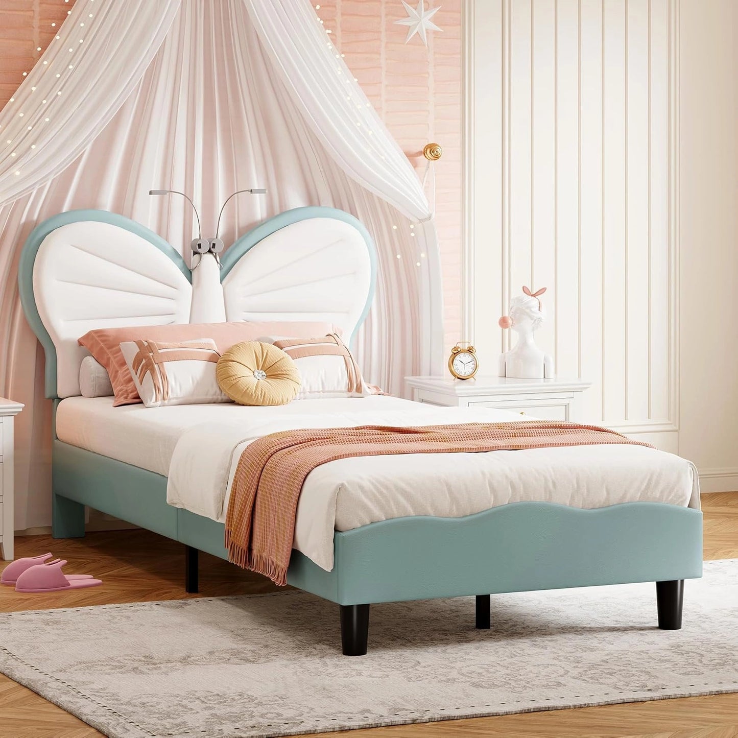 Lit Princesse 90x200 cm avec LED et T¨ºte R¨¦glable, Cadre Velours Bleu pour Enfants et Adultes
