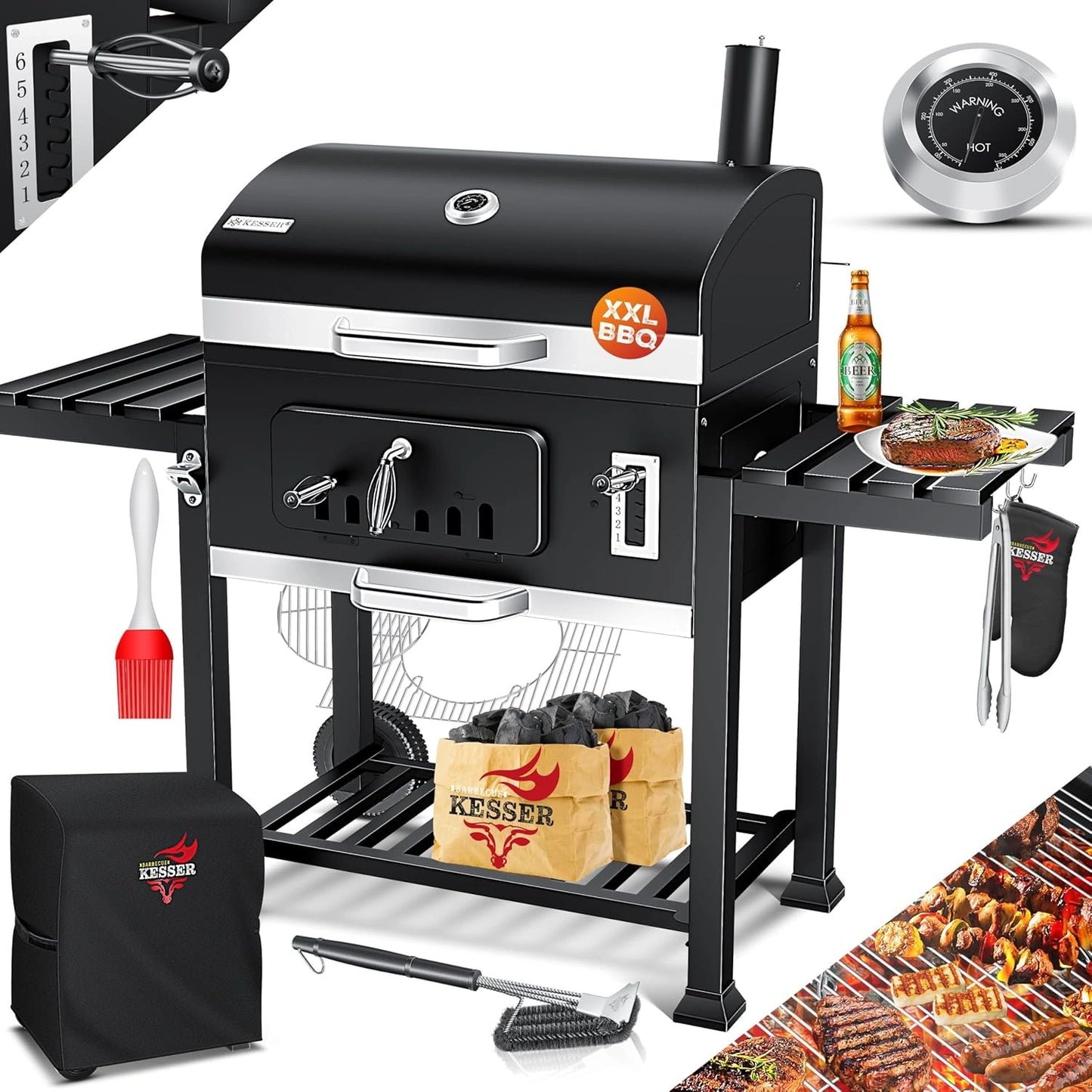 Barbecue XXL au charbon avec couvercle et accessoires, thermom¨¨tre int¨¦gr¨¦