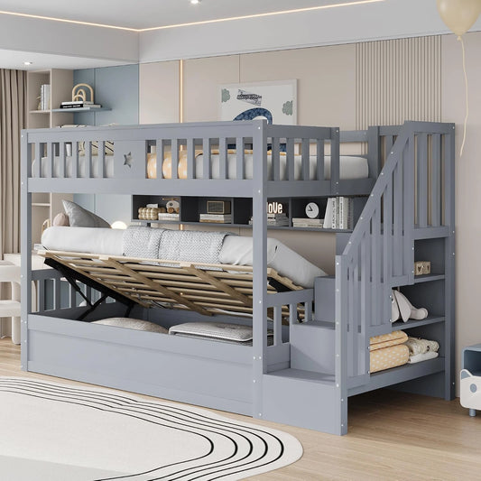Lit Superpos¨¦ en Bois avec Escalier de Rangement et ¨¦tag¨¨res - 90x200 cm, Gris