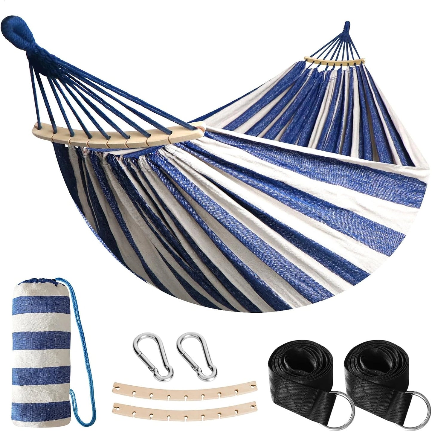 Hamac de Jardin Anyoo avec Barres en Bois, Portable et Confortable, Accessoires Inclus, Pour Int¨¦rieur/Ext¨¦rieur, Bleu/Blanc