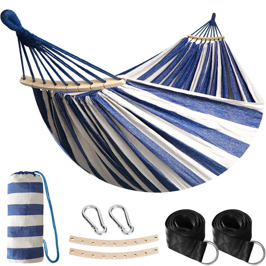 Hamac de Jardin Anyoo avec Barres en Bois, Portable et Confortable, Accessoires Inclus, Pour Int¨¦rieur/Ext¨¦rieur, Bleu/Blanc