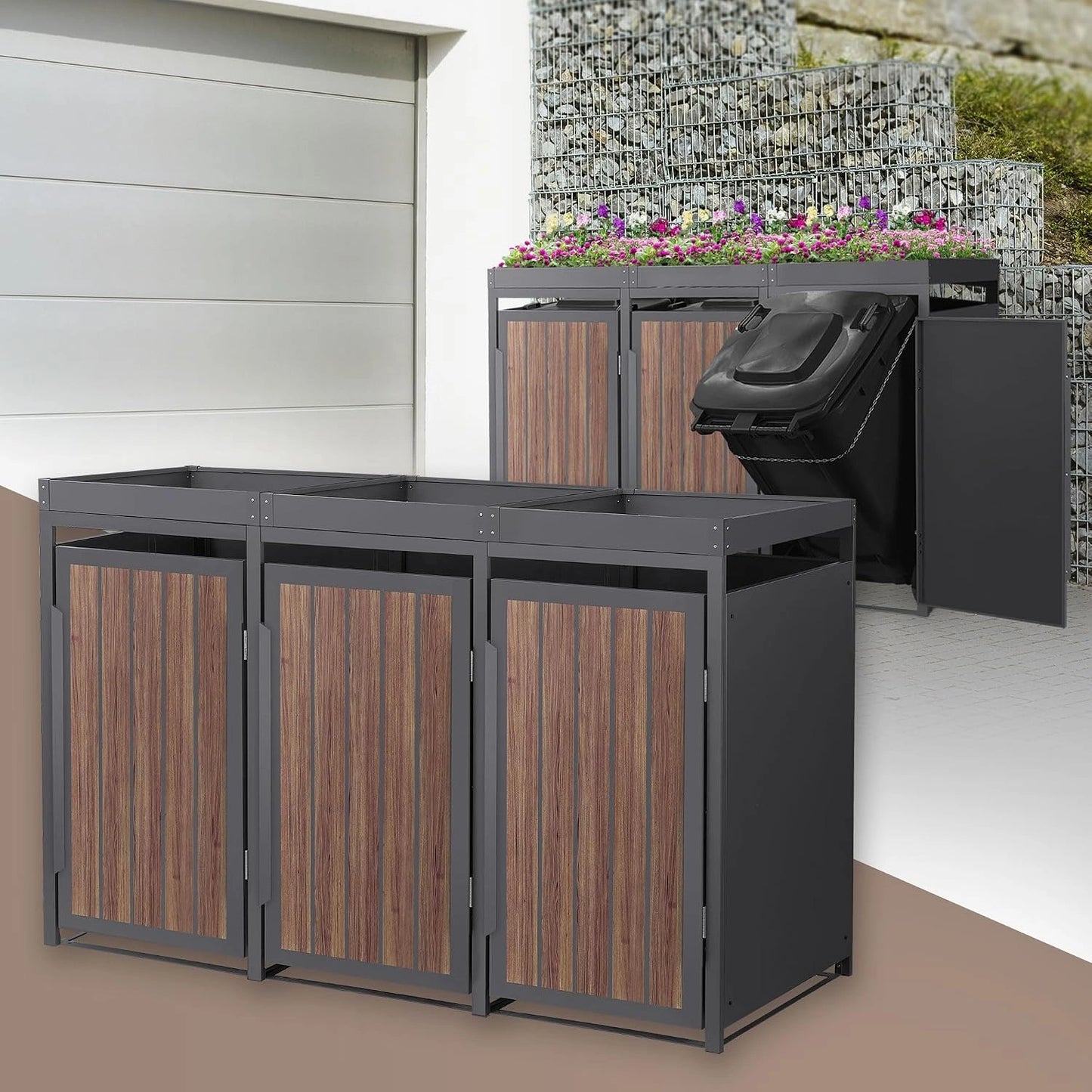 Cache-poubelles Tripl¨¦ en Acier Anthracite 240L, Design Bois, Toit V¨¦g¨¦talis¨¦