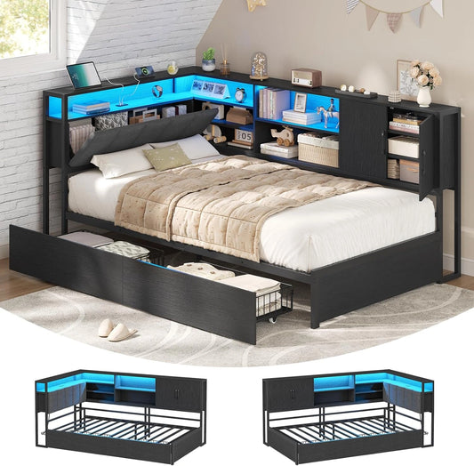 KIMENICH Canap¨¦-Lit avec Tiroirs et ¨¦clairage LED, Multiprise Int¨¦gr¨¦e, Rangement Pratique, T¨ºte de Lit Capitonn¨¦e en Lin