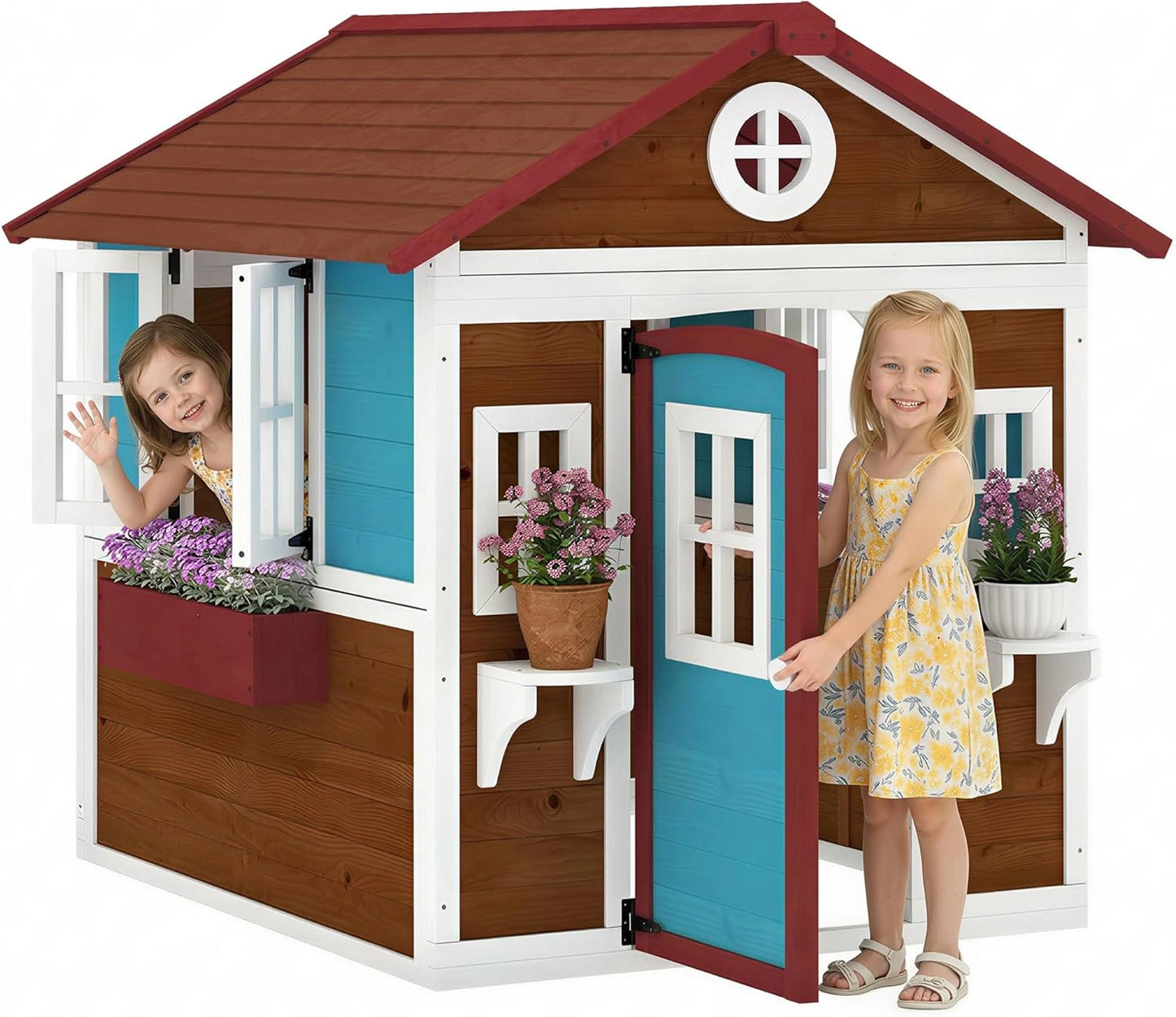 Maison de Jardin pour Enfants 3-8 Ans avec Porte et Fen¨ºtres, Cabane Ext¨¦rieure en Bois, 114 x 126,4 x 135 cm, Marron