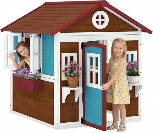 Maison de Jardin pour Enfants 3-8 Ans avec Porte et Fen¨ºtres, Cabane Ext¨¦rieure en Bois, 114 x 126,4 x 135 cm, Marron