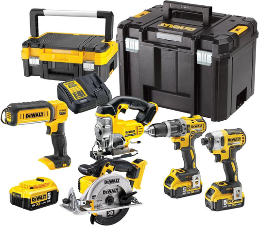 DEWALT - Ensemble 5 Outils XR 18V: Perceuse, Visseuse ¨¤ Chocs 3 Vitesses, Scie Sauteuse, Scie Circulaire, Lampe LED, 3 Batteries 5Ah, Chargeur, 2 Coffrets TSTAK