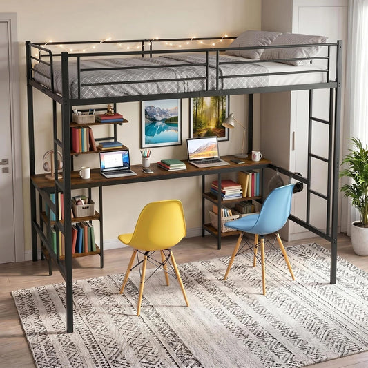 Lit mezzanine en m¨¦tal avec bureau et ¨¦tag¨¨res int¨¦gr¨¦es, 140x200 cm, noir