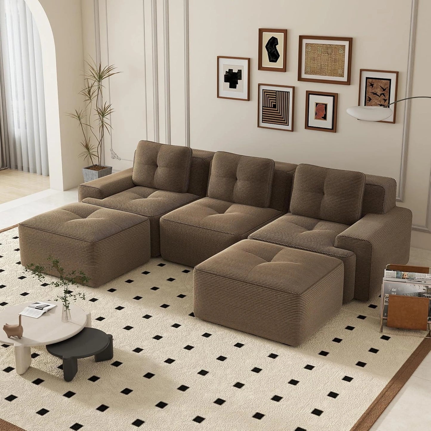 Canap¨¦ d'angle modulable en U, 5 places, velours c?tel¨¦ marron, convertible avec assise profonde, confortable pour salon