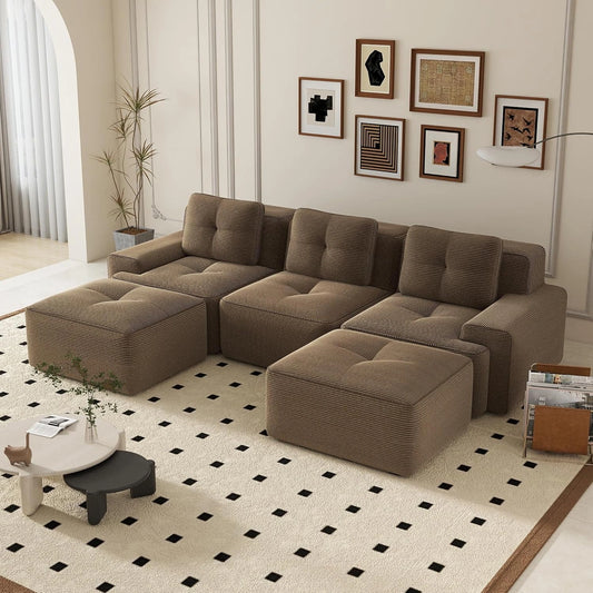 Canap¨¦ d'angle modulable en U, 5 places, velours c?tel¨¦ marron, convertible avec assise profonde, confortable pour salon