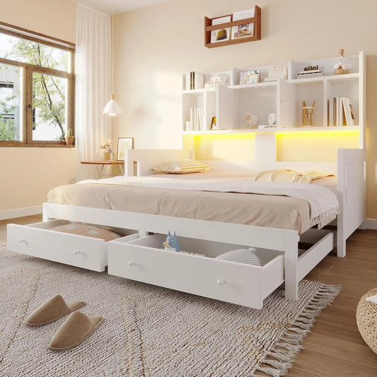 Canap¨¦-lit Multifonction en Bois avec LED et Prises, 90/180x190 cm, Blanc